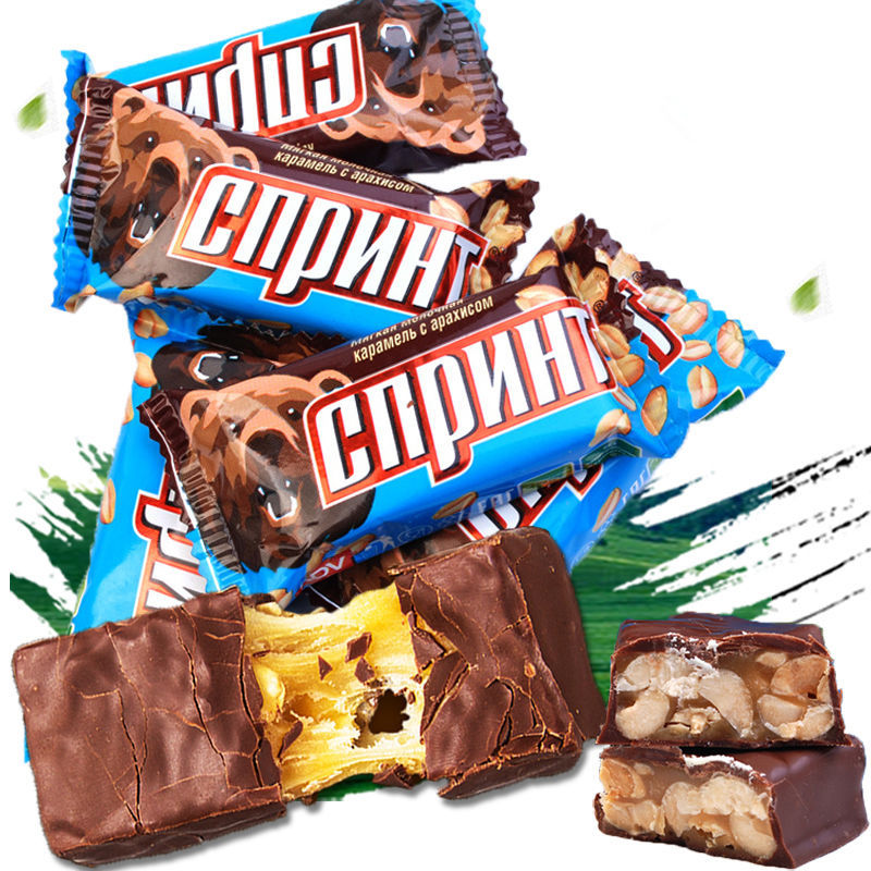 kdv俄罗斯进口果仁夹心士力架 小棕熊牛奶花生巧克力零食喜糖500g