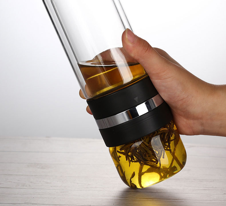 新款旋转式茶水分离杯便携泡茶杯办公室创意水杯双层玻璃杯子印制