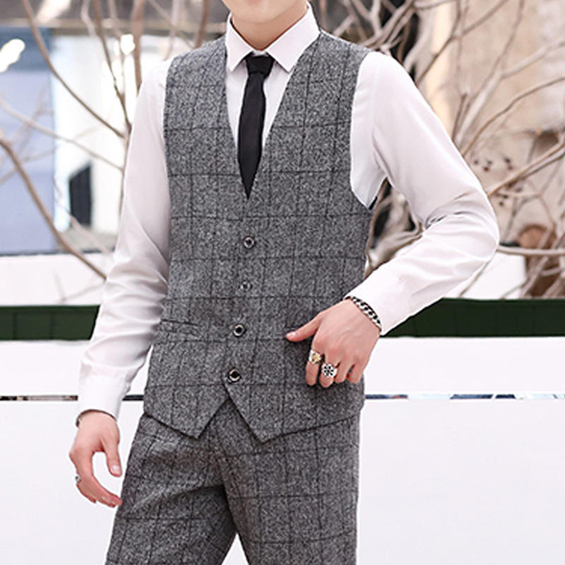 男装单排扣格子纽扣装饰商务修身型无领四季休闲灰色男式西装马甲