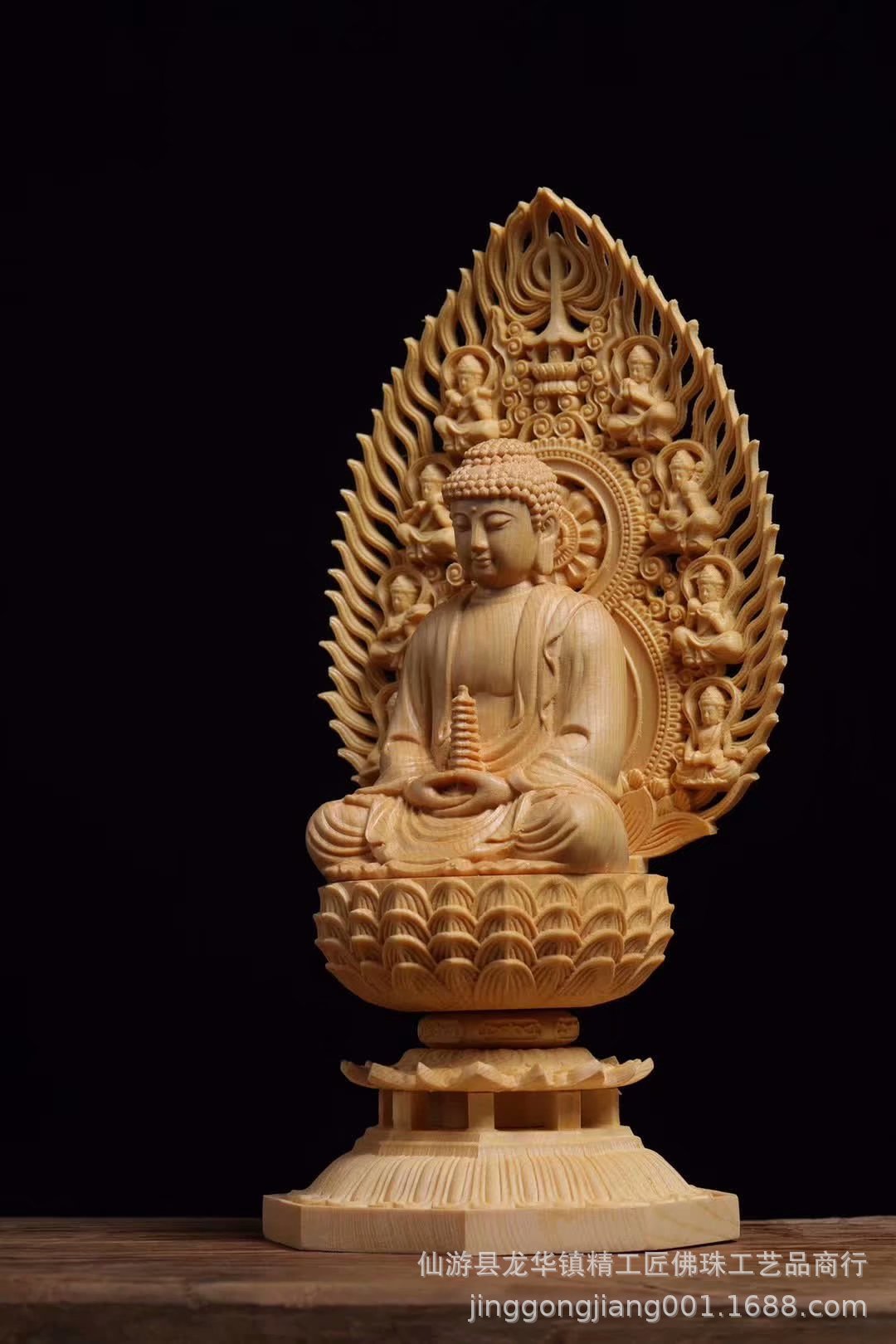 桧木实木雕刻坐莲花台大势至菩萨人物佛像神像摆件供奉木质工艺品