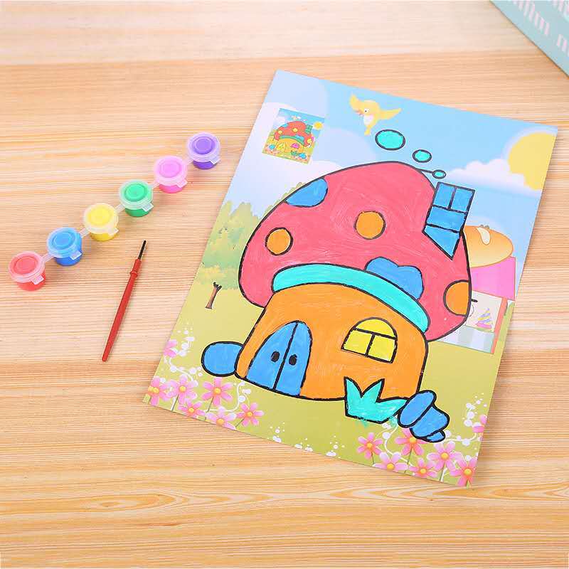 厂家批发水彩画 儿童涂鸦填色/每套2副图配6色颜料1支刷 六一礼物