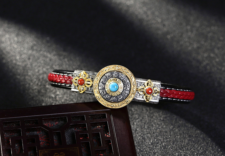 转动九宫八卦牌s925纯银手链黑皮绳红皮绳金刚杵真皮手环男士饰品