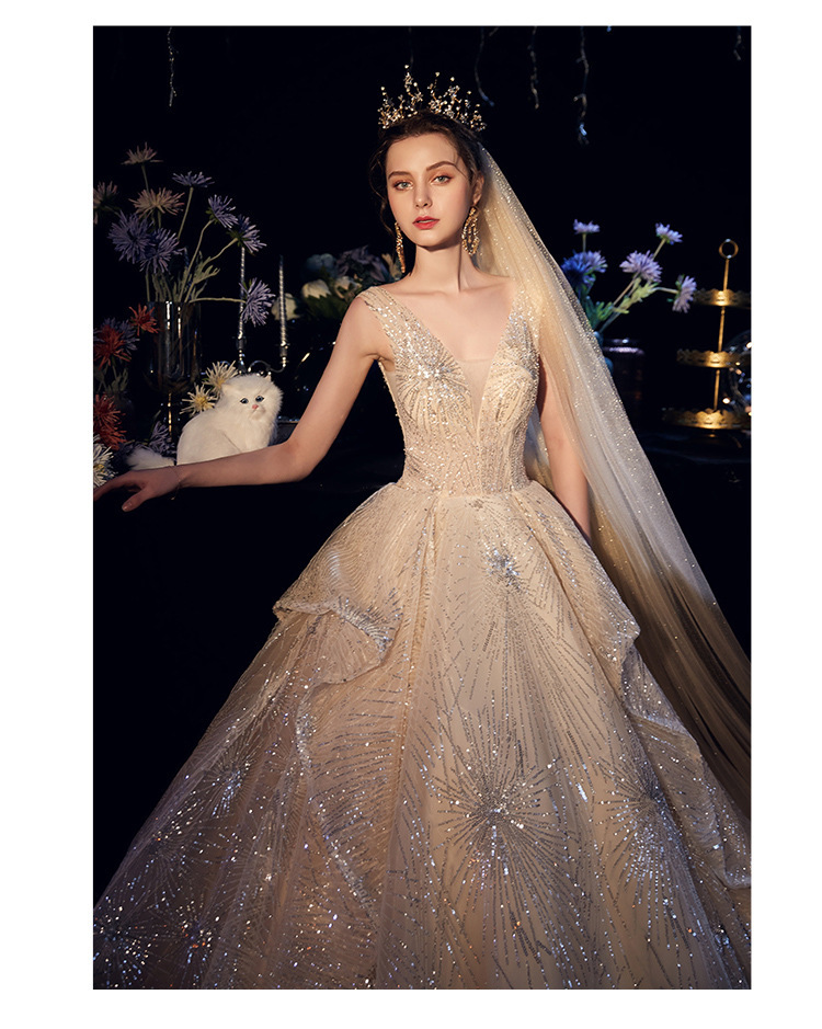 主婚纱2020年春季新款气质重工香槟色森系梦幻v领超仙大拖尾奢华