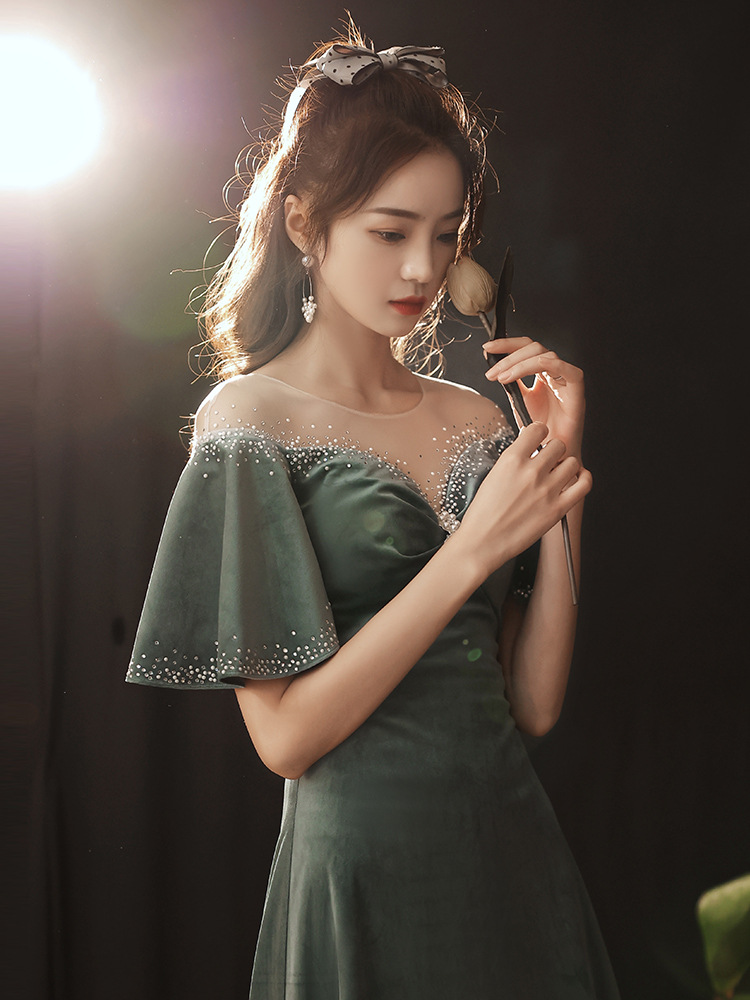 晚礼服女2021新款秋季质感优雅一字肩宴会修身名媛主持礼服裙