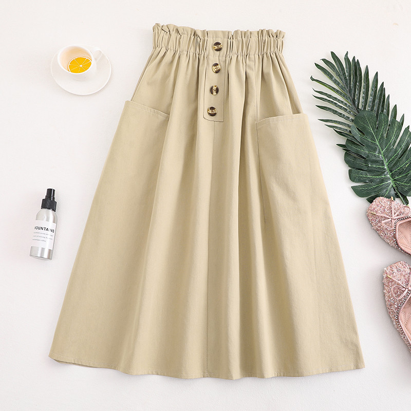 Spot Goods 2023 Summer High Waist Slimming Solid Color Pocket Skirt All-Matching Elastic Waistband Casual Mid-Length Skirt for Women