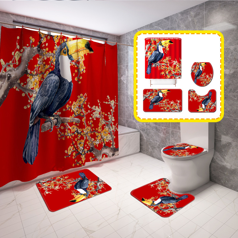 New Field Flower-Bird Print Waterproof Shower Curtain Carpet Four-Piece Set Toilet Mat Set Cross-Border AliExpress Hot Sale