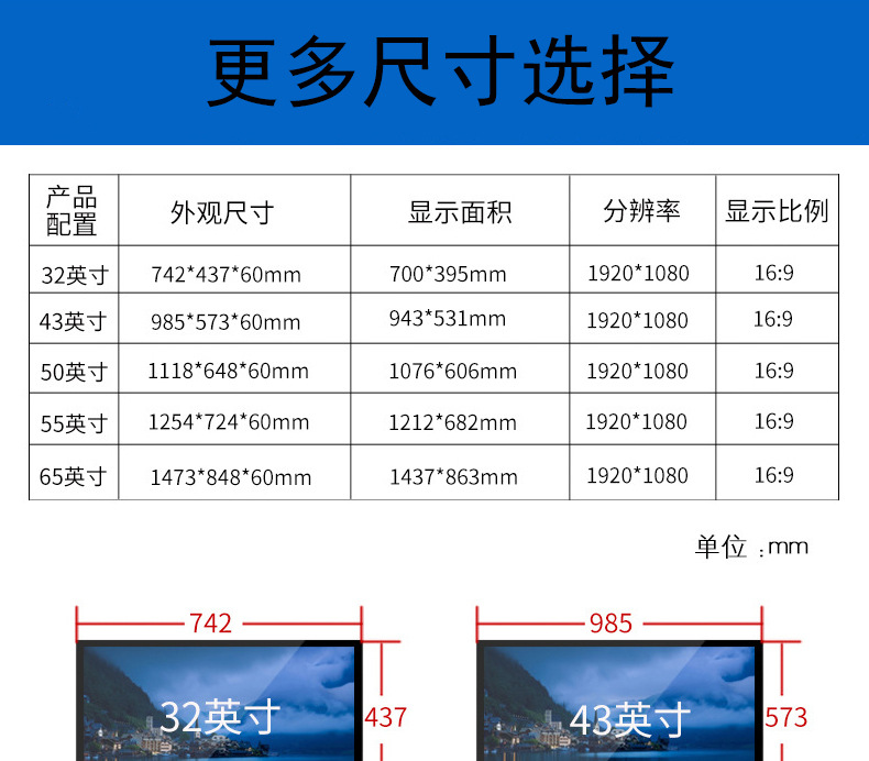 27/32/42/43/55/65寸壁挂广告机 现货高清安卓餐饮电梯广告显示屏