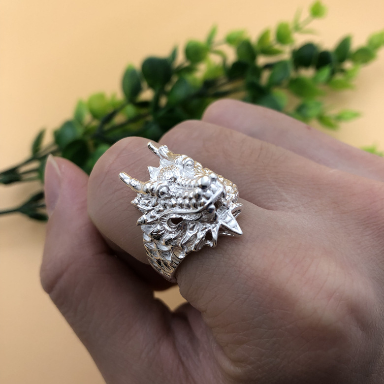 990纯银龙戒指立体龙纹开口龙头戒指本命年龙年男士霸气指环礼物