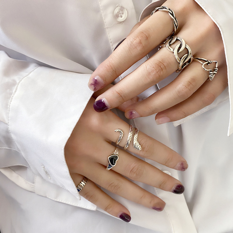 日韩复古叠戴组合戒指女925银ins个性简约嘻哈蹦迪开口食指环潮