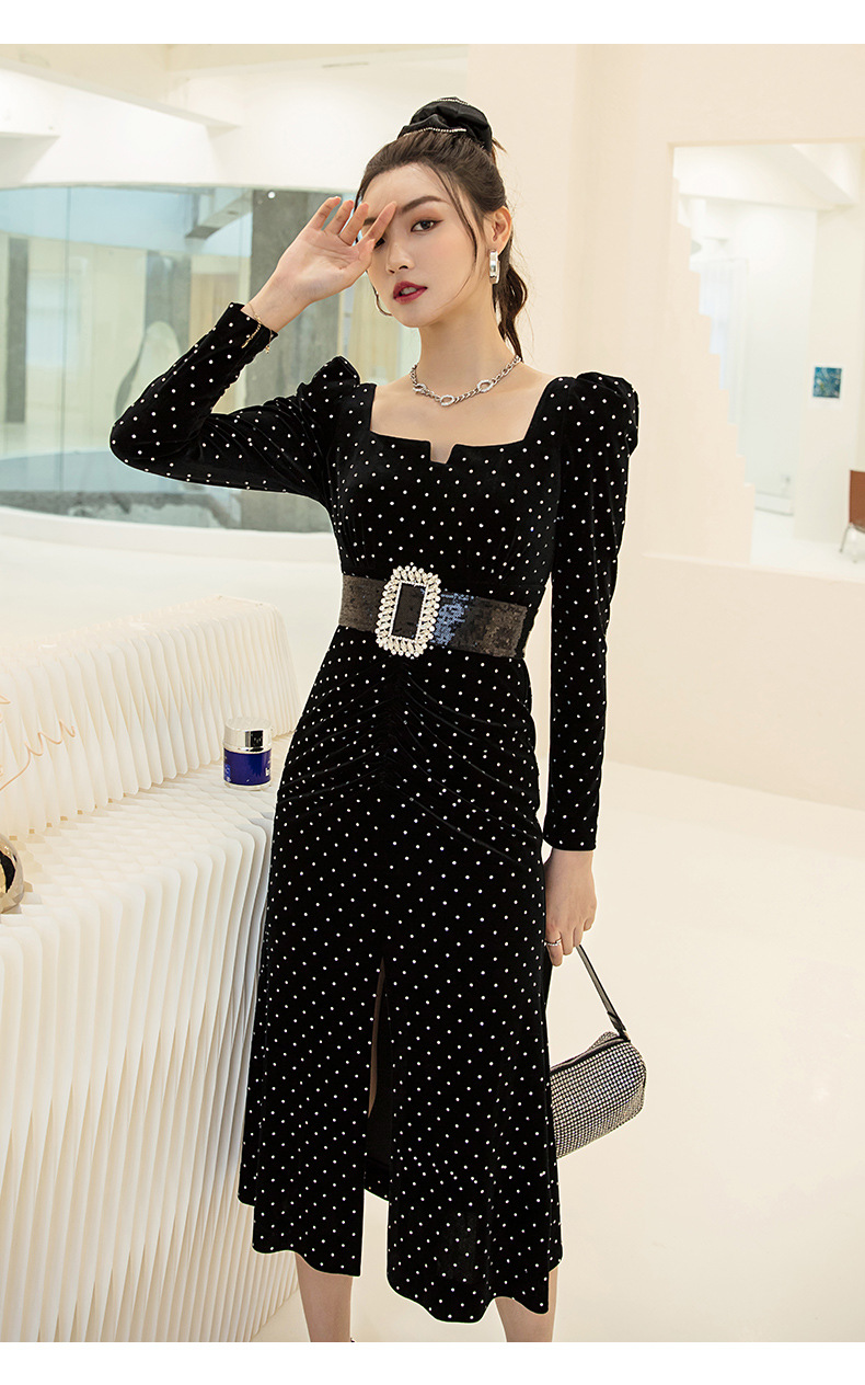 秋冬时尚高腰气质烫钻丝绒长袖波点黑色包臀中长裙连衣裙女 66218