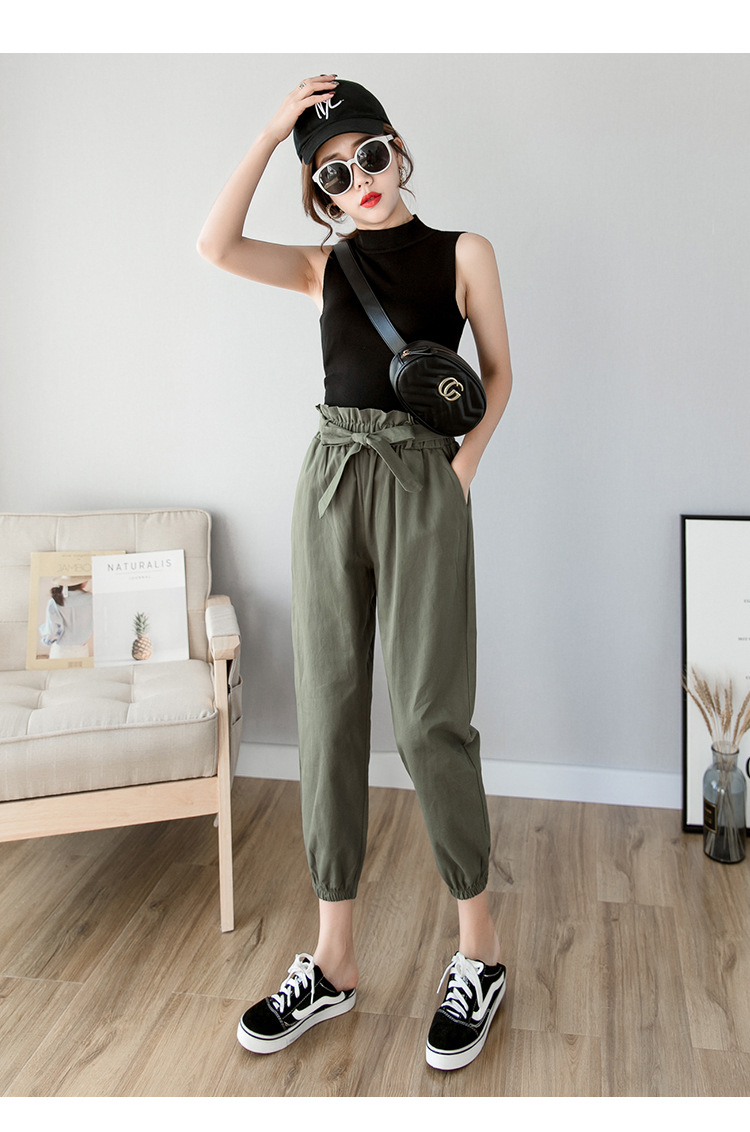 实拍花苞裤女高腰2021新款学生韩版束脚裤小脚九分裤子显瘦宽松潮