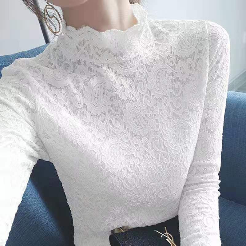 Spring and Summer Innerwear Lace Shirt Bottoming Shirt Women's Long-Sleeved Mesh Large Size Stretch Multi-Color Sexy Trendy Fairy Top Shirt