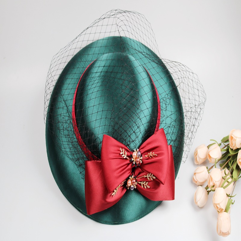 婚纱礼帽复古墨绿撞色蝴蝶结网纱高档礼帽优雅的女士结婚帽子头饰