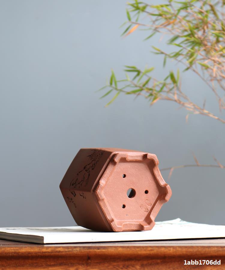 玲珑 宜兴紫砂花盆多肉菖蒲月季名家苏兵手工刻绘降坡泥六方花盆