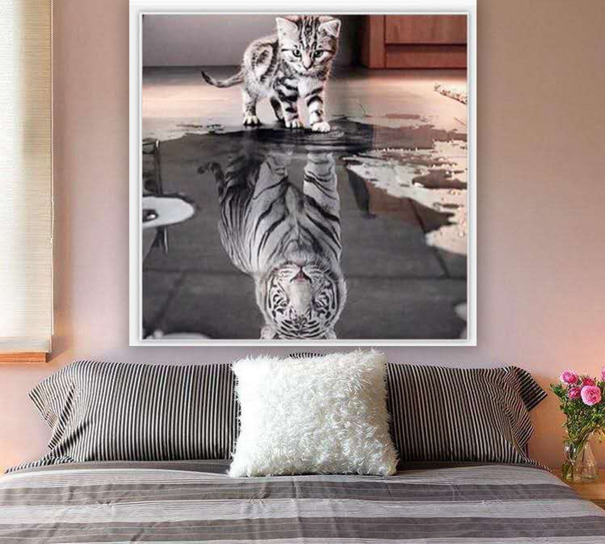 钻石画新款满钻勇敢的心倒影老虎小猫卡通动物钻石绣客厅卧室书房