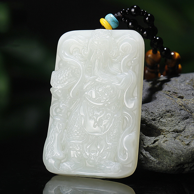 新疆白玉男款玉关公吊坠项链玉石武财神玉坠挂件玉佩