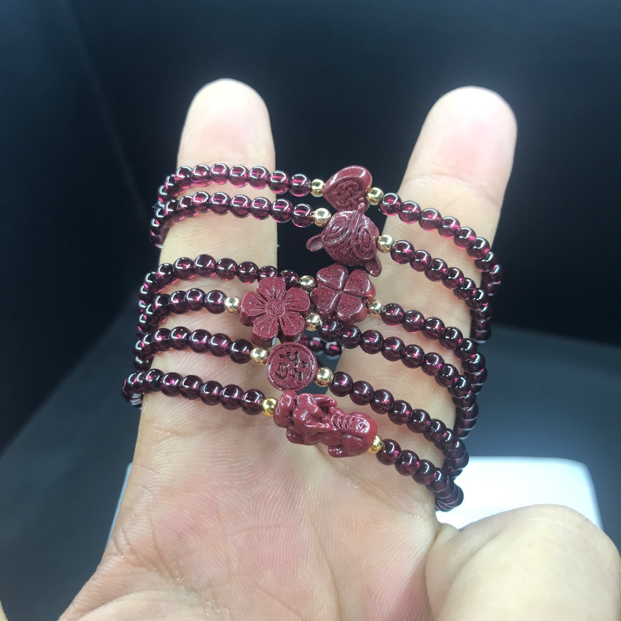 天然紫金砂石榴石朱砂手链貔貅狐狸四叶草爱心金珠转运极细手链