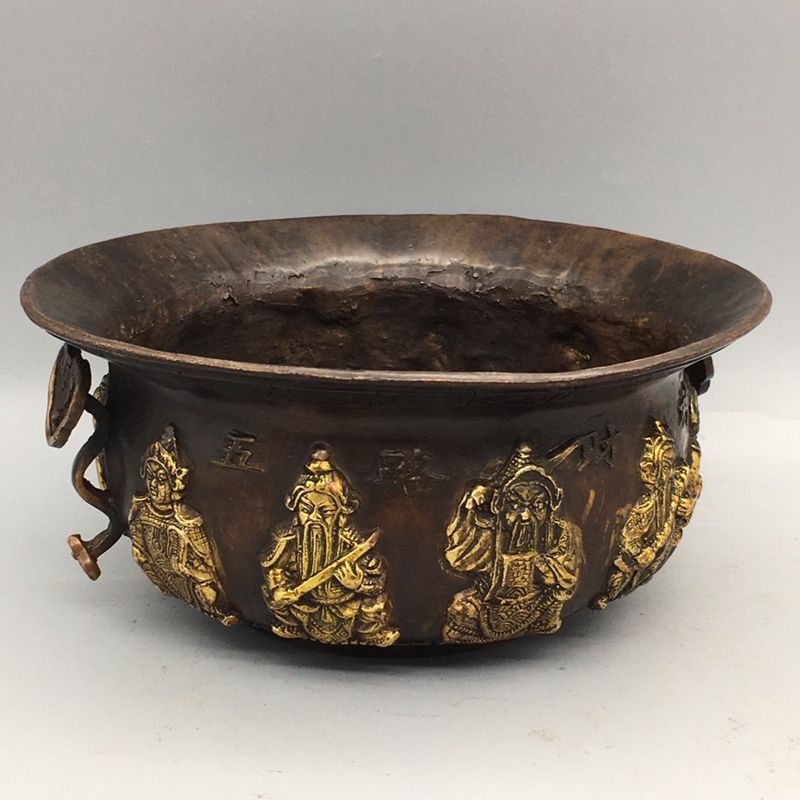批发古玩杂项工艺品做旧黄铜鎏金五路财神香炉家居客厅装饰品