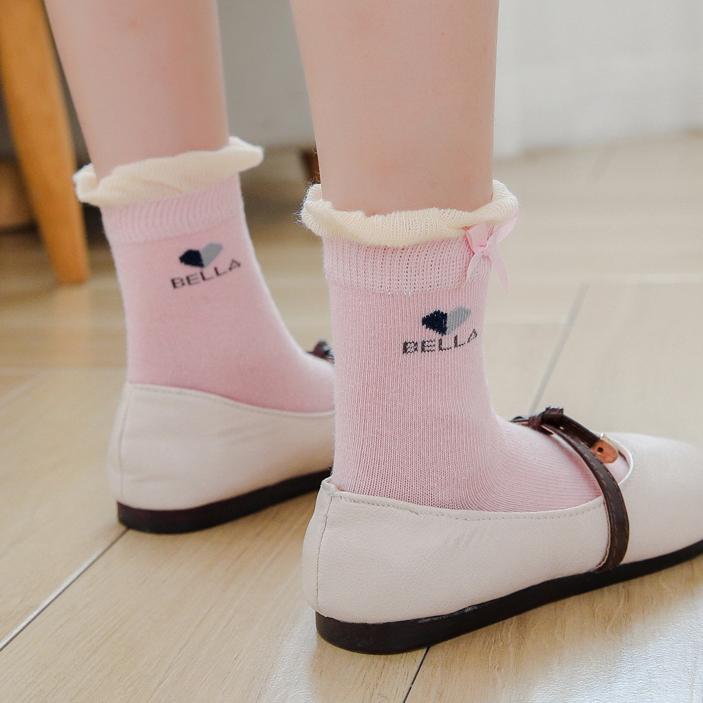 2021春冬新款女童蝴蝶结花口短袜公主风小女孩棉质学生袜3到12岁