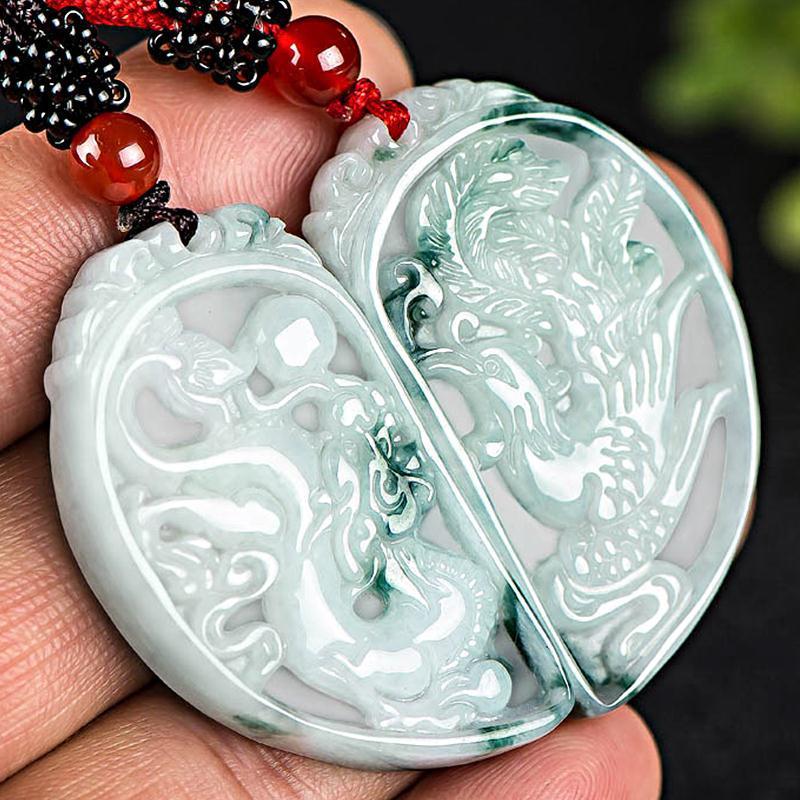 天然缅甸翡翠a货飘花龙凤一对龙凤呈祥情侣吊坠男女心型翠玉挂件