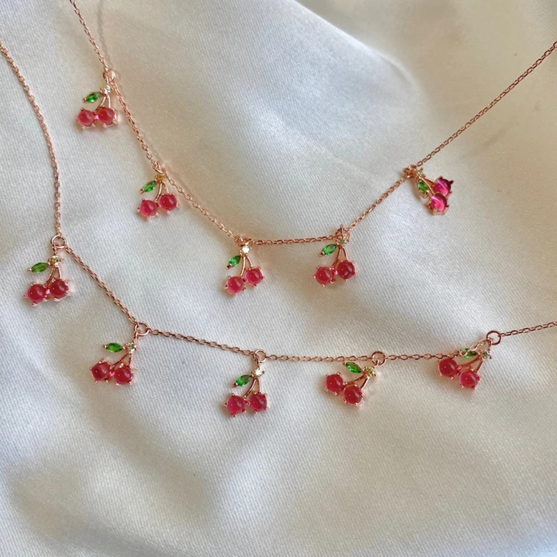 Cross-Border Jewelry Ins Hot Color Zircon Necklace Cherry Peach Tropical Fruit Clavicle Chain Necklace Female