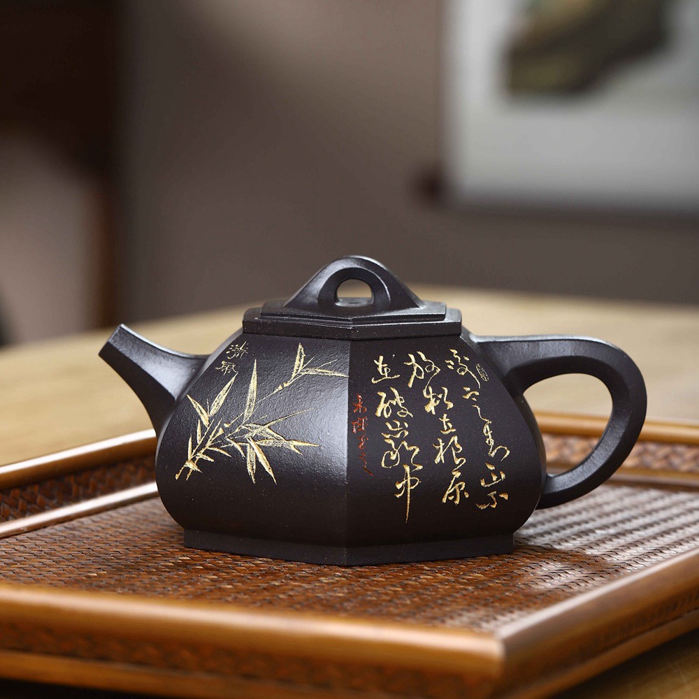 石黄料全手工六方石瓢壶宜兴紫砂方壶内壁章齐260c梅兰竹菊吸铁壶