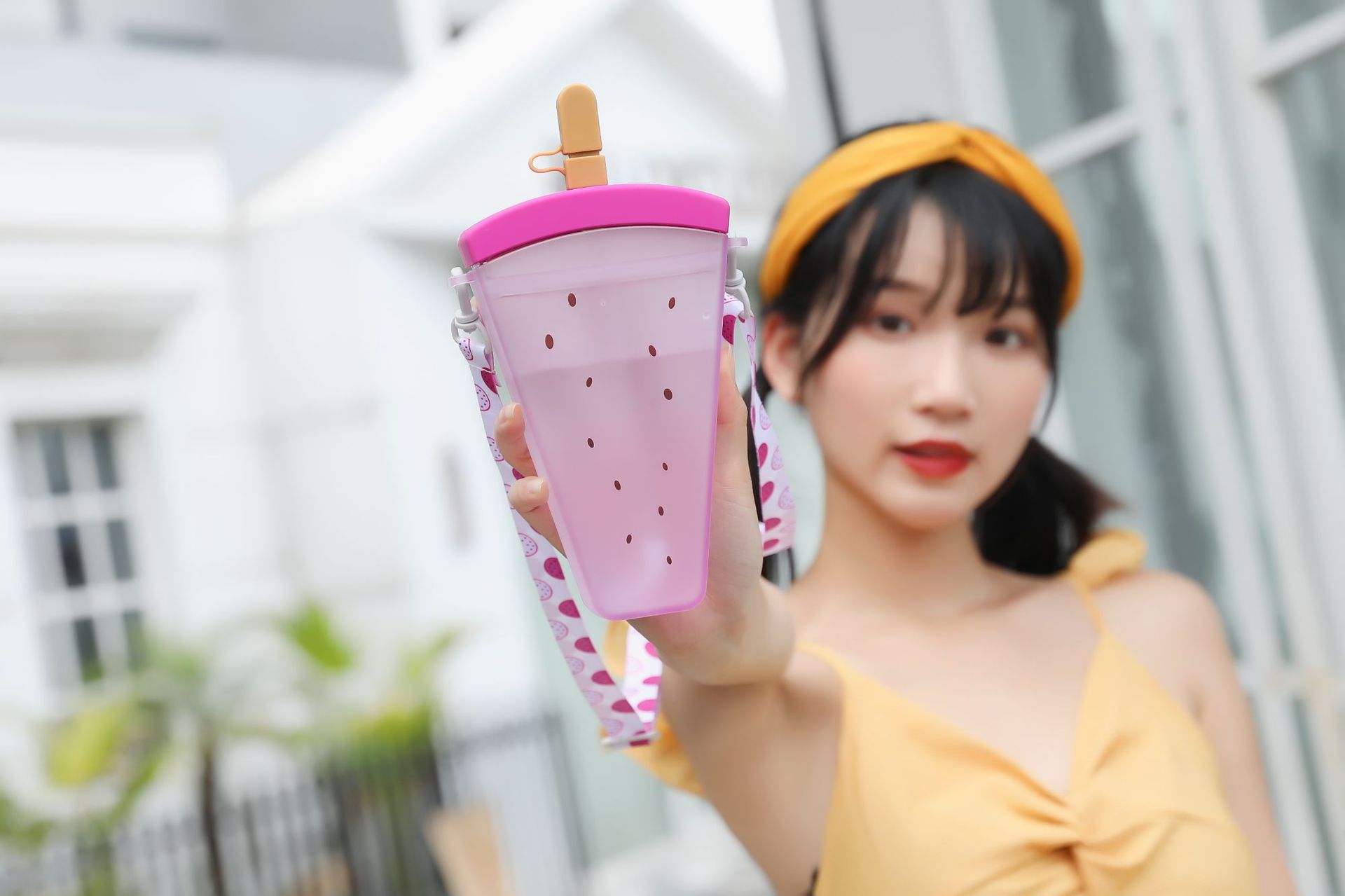 Ya Fei Qi Creative Watermelon Plastic Drinking Straw Strap Juice Cup Ice Cream Student Water Cup Gift Cup Wholesale