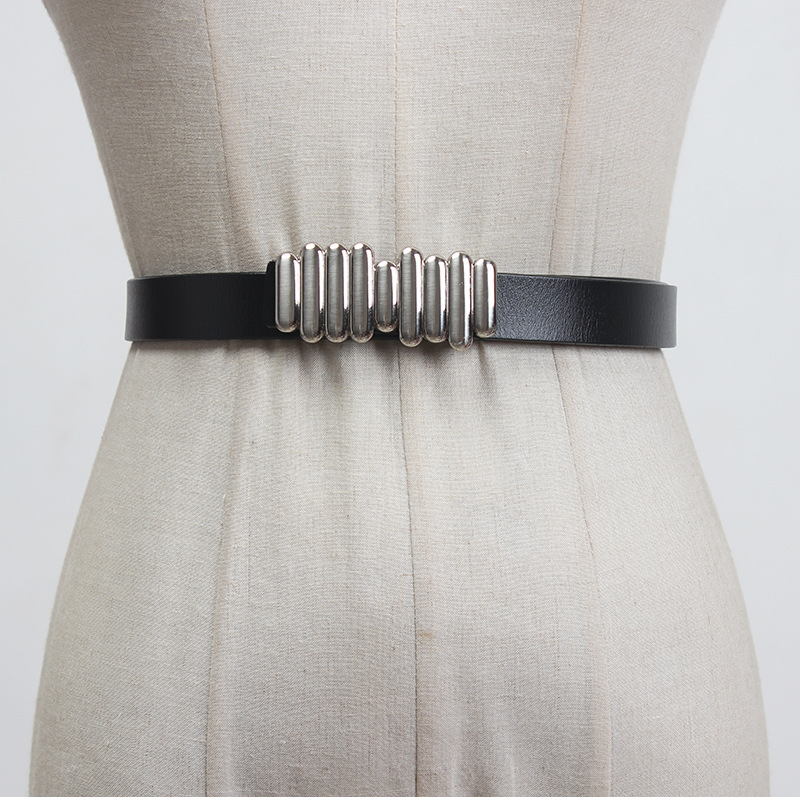 金属环扣褶皱牛皮腰带女装饰简约百搭连衣裙配小西服毛衣细款皮带