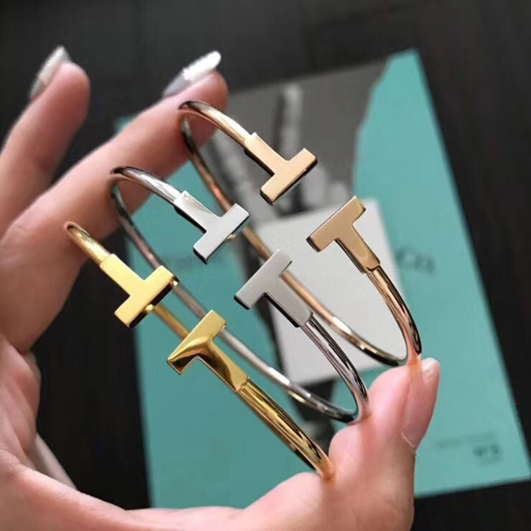 tf家提夫尼高版本一比一纯银双t形开口带钻无钻手镯女蒂凡尼手环