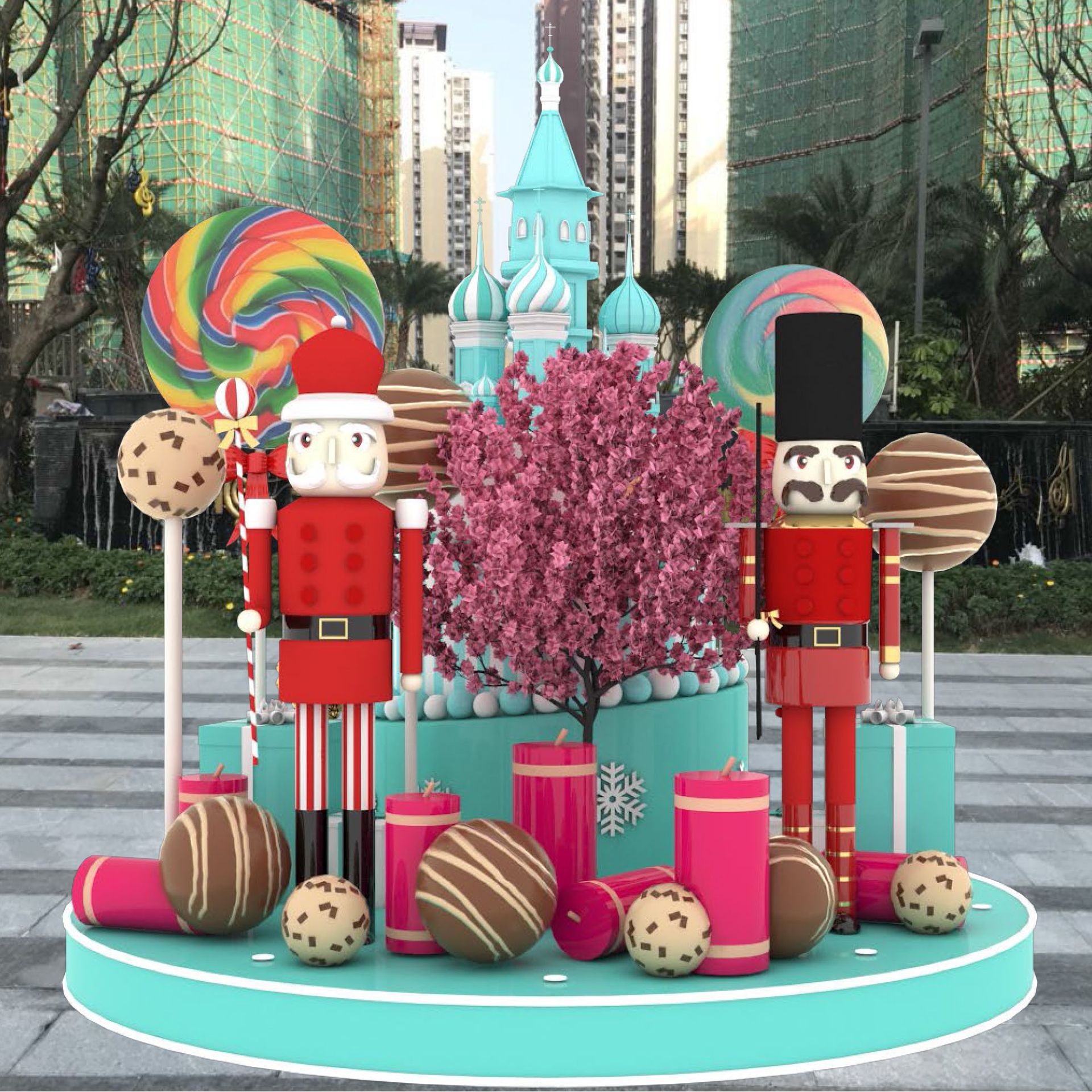 地产大型圣诞节美陈装饰户外孔雀发光动漫人物热气球礼盒装饰橱窗