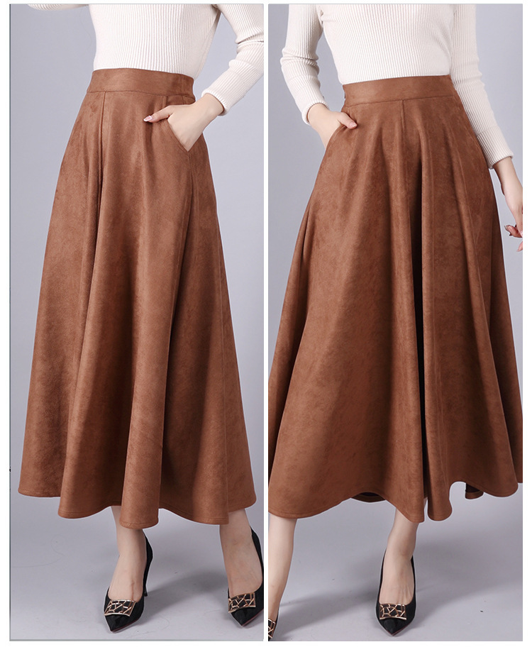 麂皮绒女半身裙中长裙秋冬高弹力裙子纯色a字群伞裙大摆百褶长裙