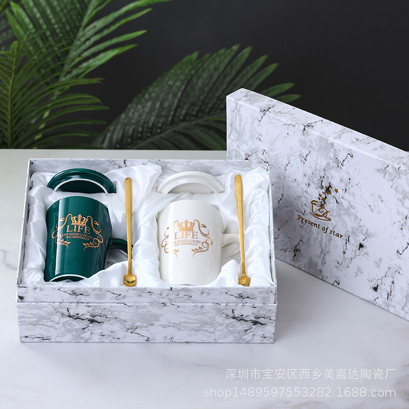 陶瓷马克杯欧式大理石纹杯情侣对杯办公室咖啡杯创意水杯加印LOGO