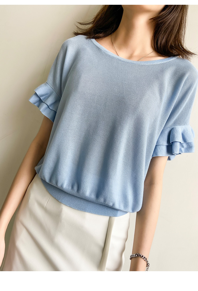 荷叶边上衣女短袖冰丝针织衫宽松夏季薄款圆领冰丝毛衫荷叶袖t恤