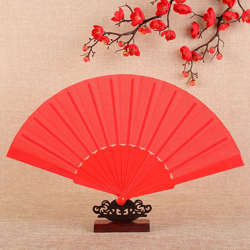 Plain Plastic Wedding Folding Fan Dance Fan Prop Fan Flat Plastic Fan Multi-Color Optional Bright Red