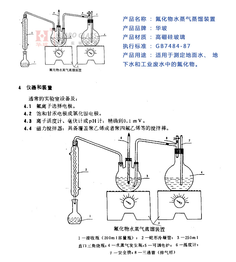 氟化物水蒸气蒸馏装置gb7484-87水质氟化物的测定离子选择电极法