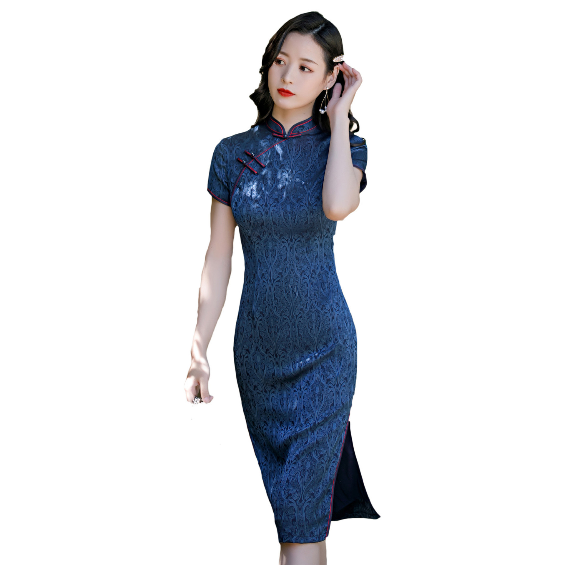 秋季新品纯色光面丝绸旗袍红色复古气质端庄双层喜婆婆妈妈装旗袍