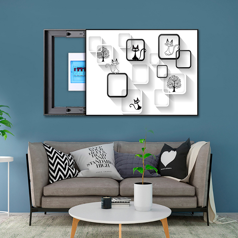 简约电表箱装饰画免打孔可推拉上翻客厅多媒体网线盒电闸箱遮挡画