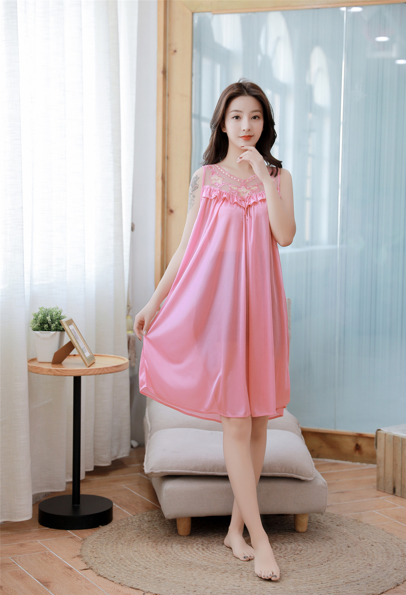 女夏季薄款裸感宽松显瘦休闲冰丝睡衣家居服套装睡袍连衣长裙睡裙