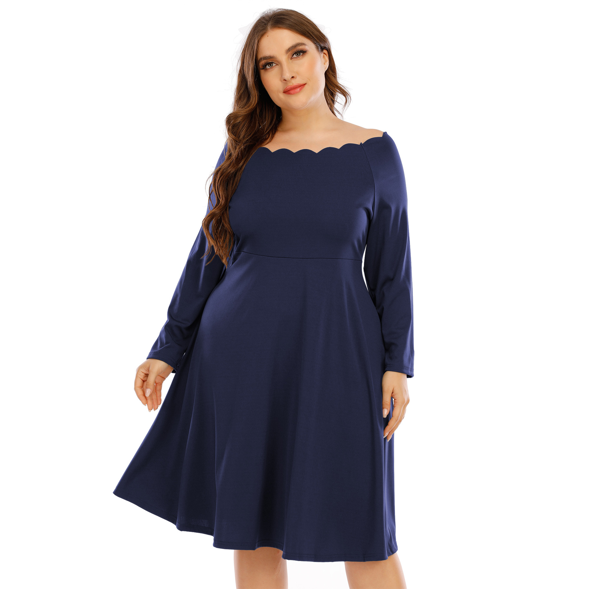 跨境大码女装纯色烧花波浪边一字领时尚简约休闲大摆连衣裙190735