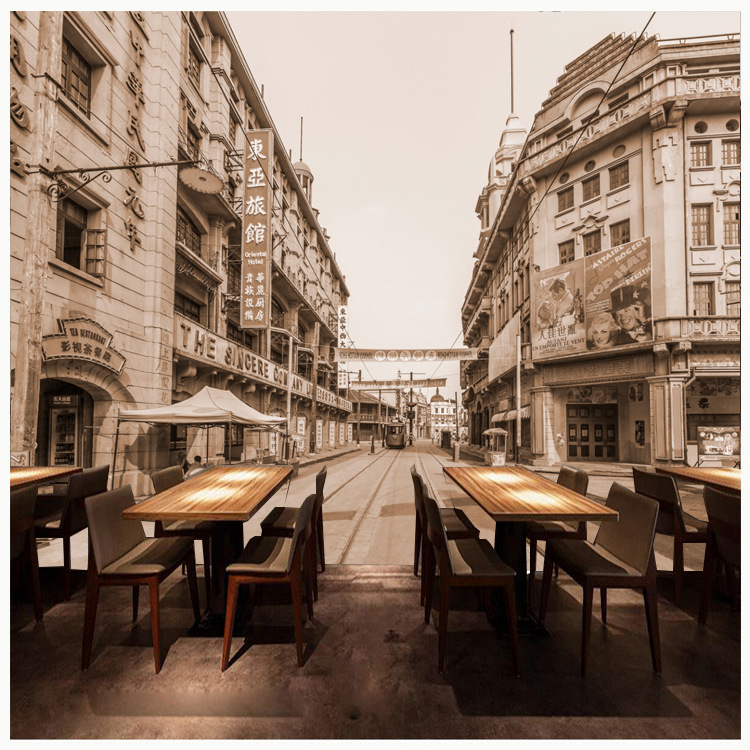 复古怀旧壁画老上海弄堂小巷街景民国背景墙壁纸酒店餐厅装饰墙纸