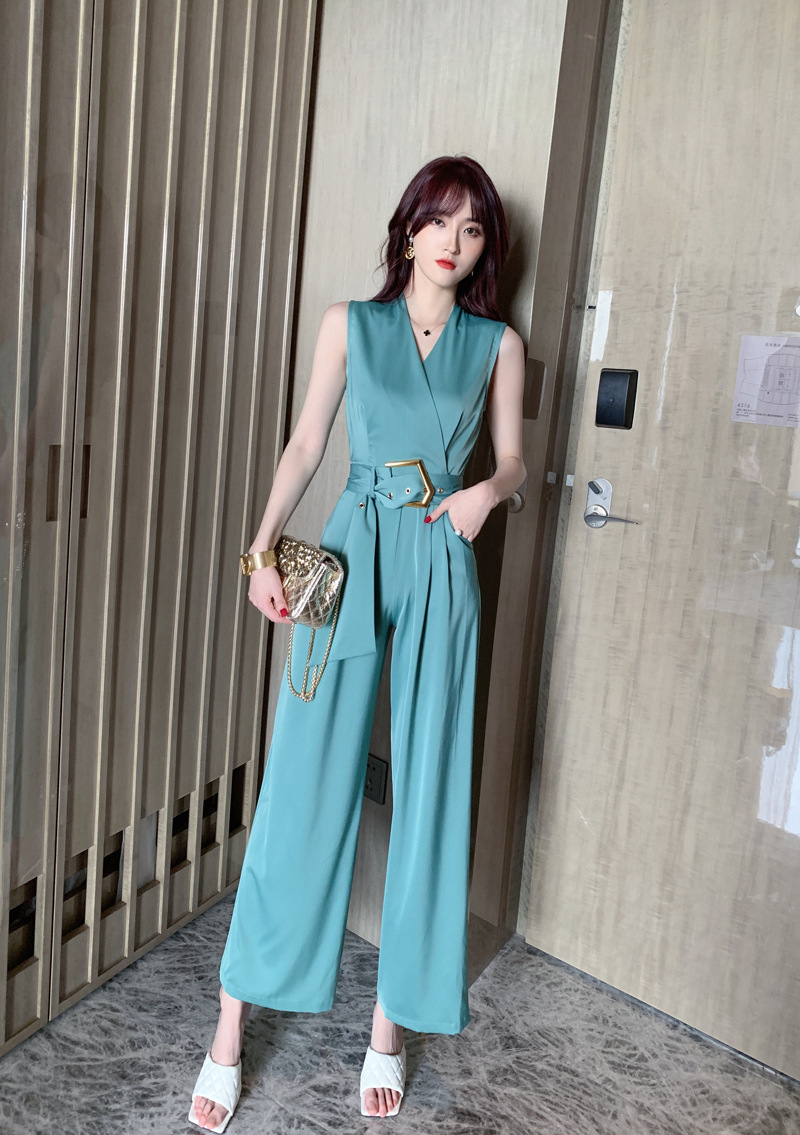 裤子女2021夏装新款气质v字领高腰修身连体裤阔腿连衣裤长裤3938
