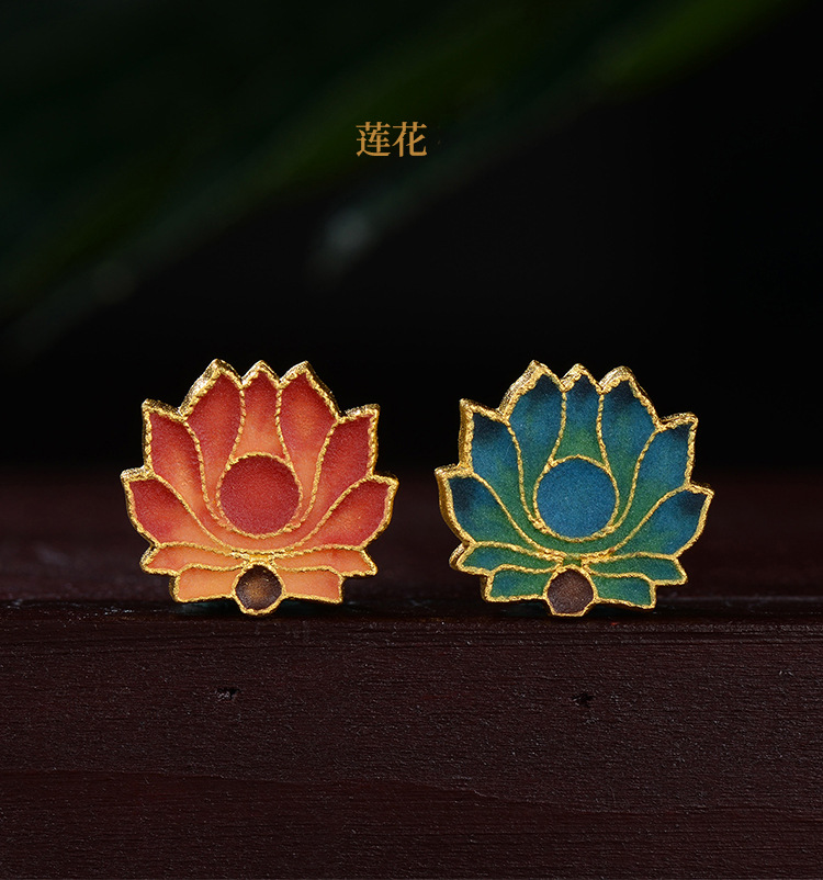 古法烧蓝莲花镀3d硬黄金色双面莲花转运珠路路通diy女生通孔手链