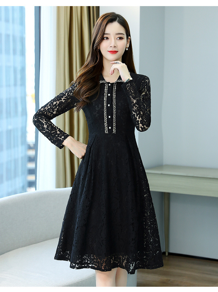 实拍 蕾丝长袖连衣裙女秋装新款大码女长袖镂空名媛气质显瘦a字裙
