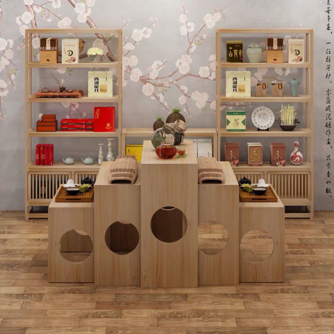 茶叶店禅意中式原实木简约阶梯式高低货架组合中岛柜流水台展示台