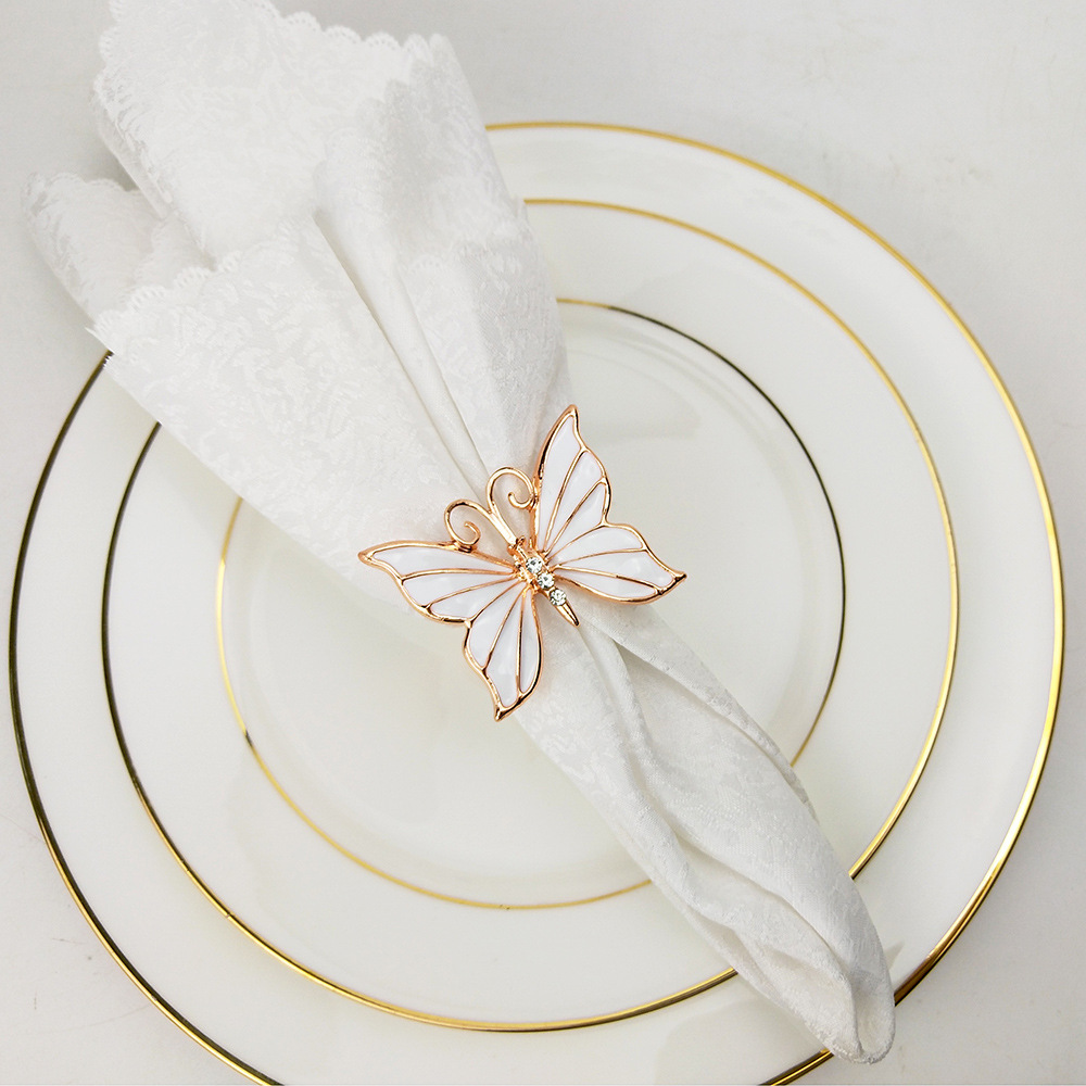 金色银色蝴蝶餐巾扣 滴胶镶钻蝴蝶餐巾环 春天白色金属口布圈