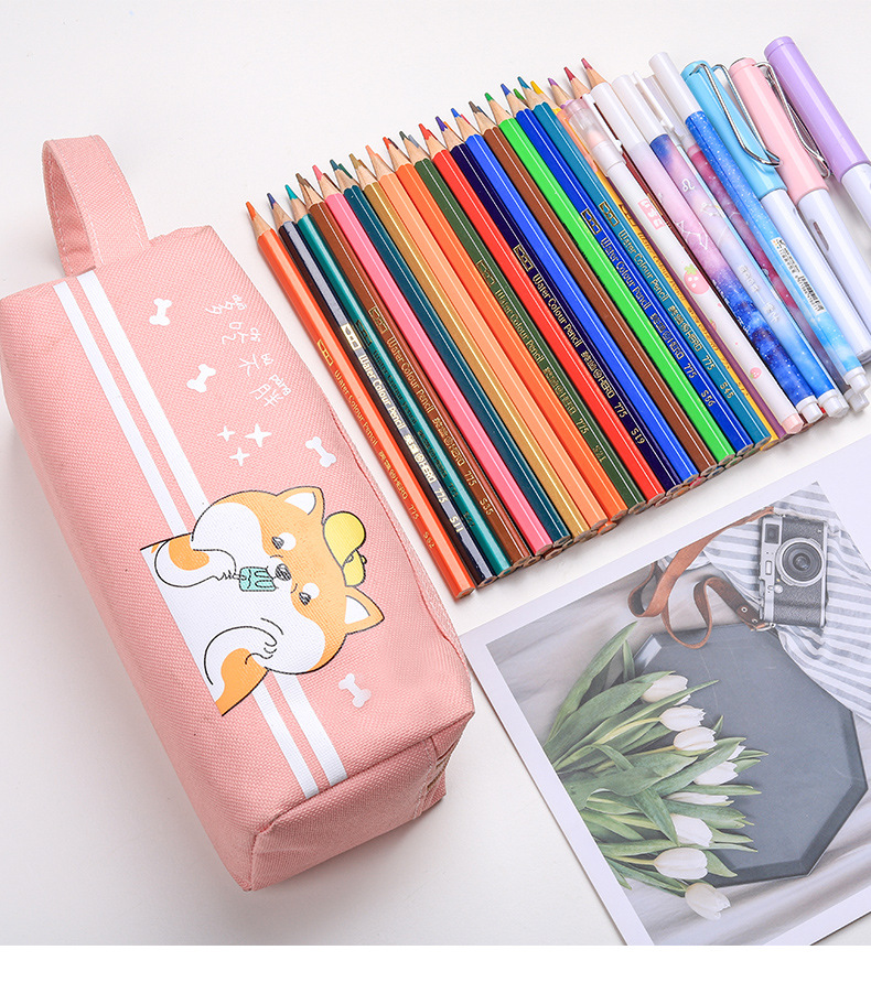 大容量笔袋女 ins风文具袋手拎双层笔袋韩国小清新可爱卡通小学生