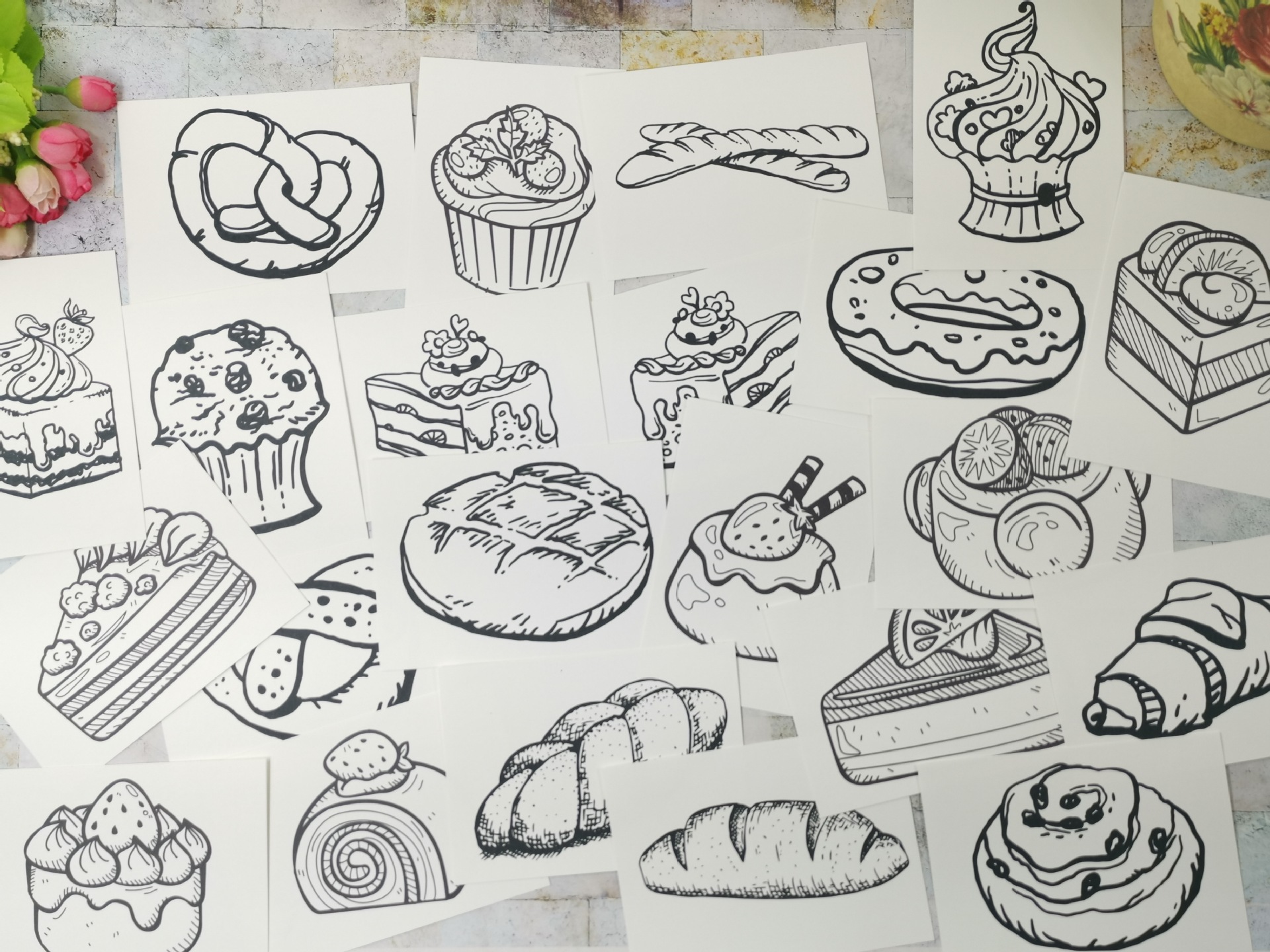 创意线描临摹卡静物儿童面点食物面包蛋糕绘画参照少儿美术画室