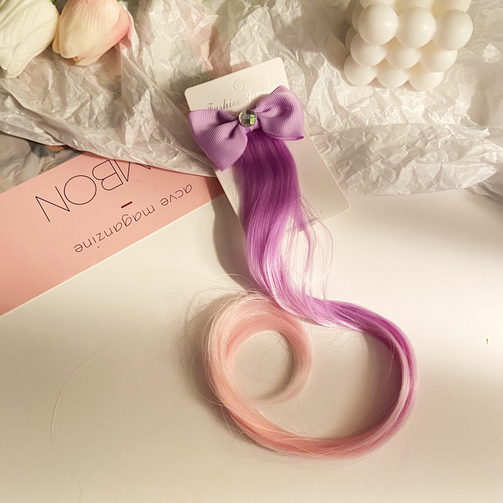 蝴蝶结炫彩渐变假发夹儿童头饰假发辫子女童发卡头花边夹马尾夹子