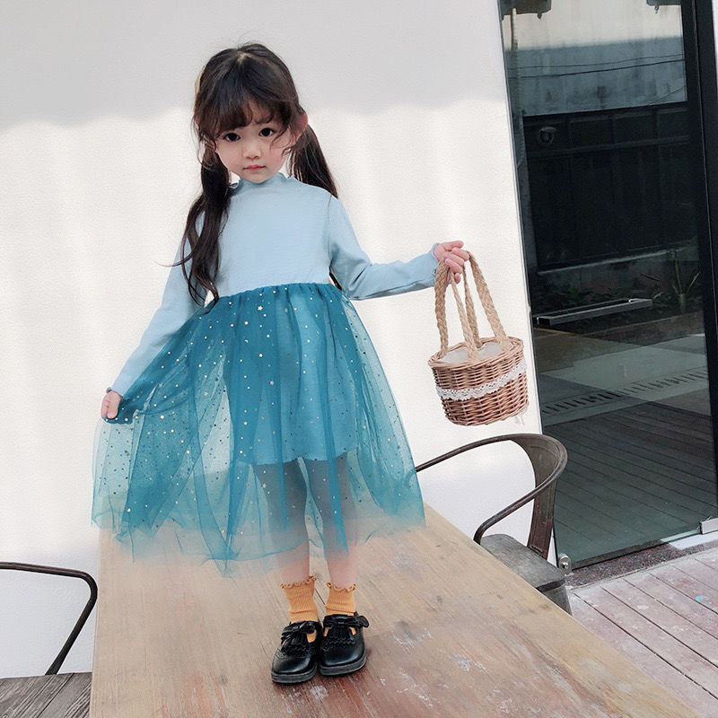 新款女童宝宝春秋连衣裙网红星空洋气拼接裙公主裙可爱小仙女裙