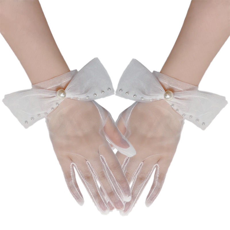 新娘手套短款薄纱婚礼拍照造型透明网纱蕾丝手袖白色婚纱珍珠手套